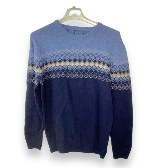 Sweaters - Wool Blend Sweater Italy Fair Isle Nordic Navy Light Blue White Crew Size XL